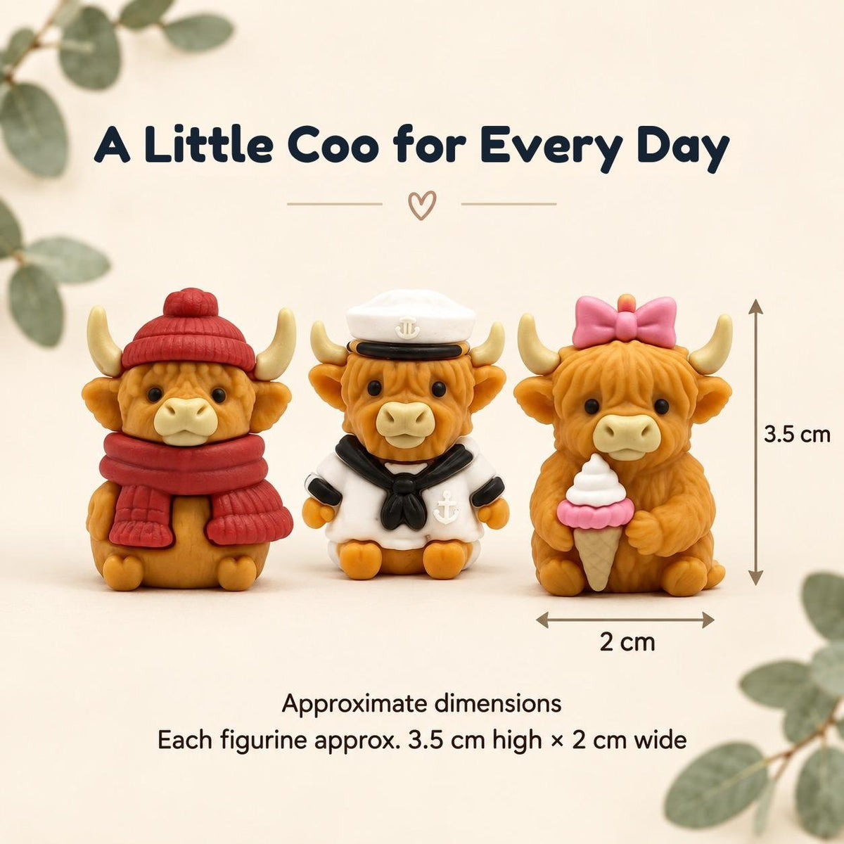 Highland Coo Advent Calendar figurine size guide: approximately 3.5 cm high by 2 cm wide, with three miniature cow characters.