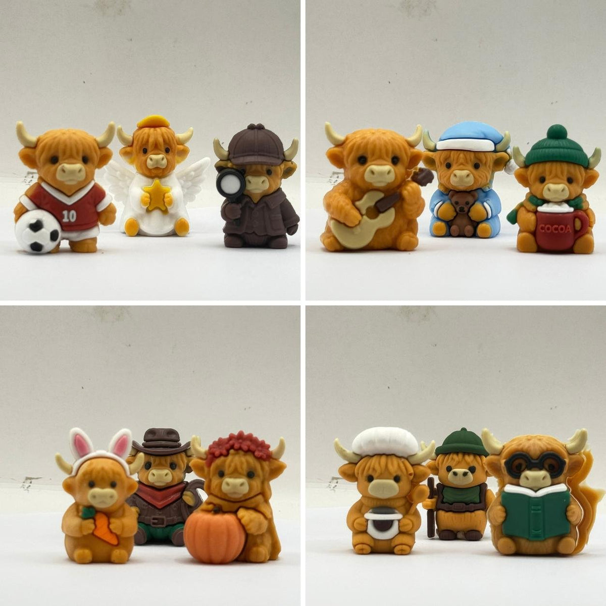 Original photographs by The Scotts Downunder showing the footballer, angel, detective, musician and other Highland cow advent calendar characters.