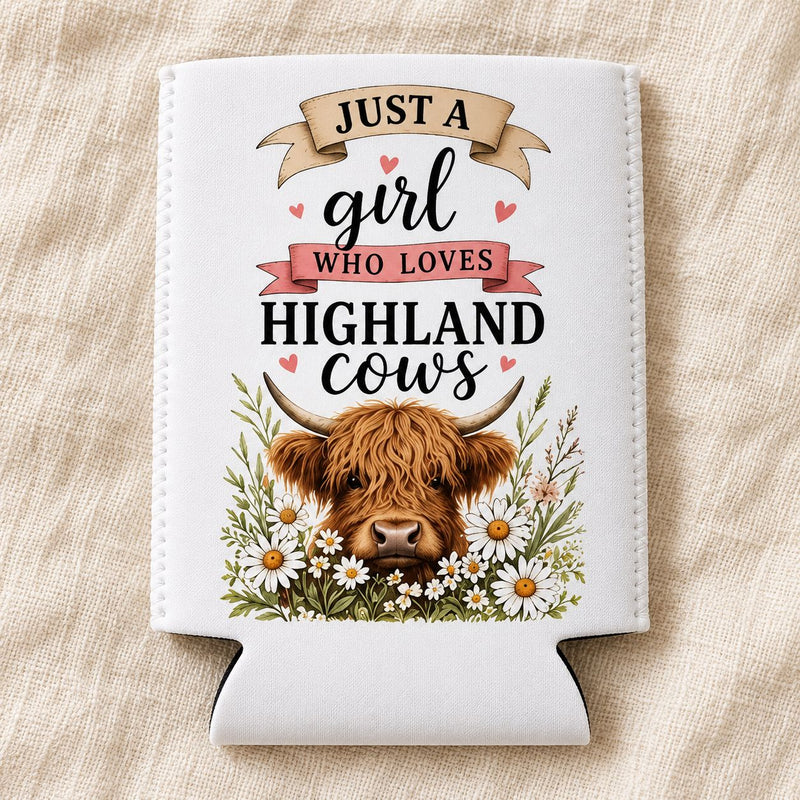Daisy Highland cow stubbie cooler lying flat without a can, showing the empty sleeve.