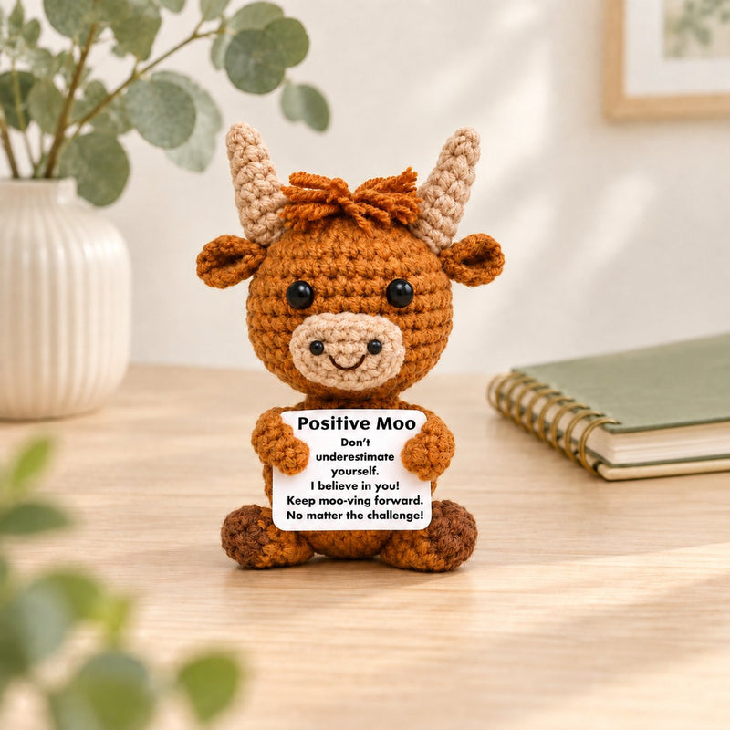 Positive Moo mini cow on a pale timber desk beside a notebook and eucalyptus; props not included