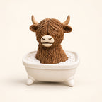 Brown Highland cow figurine sitting in a cream bathtub with sculpted white bubbles, on an ivory background.