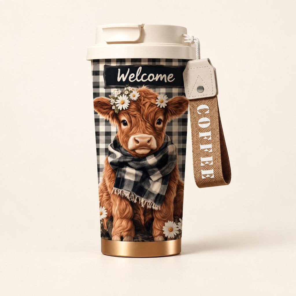 Daisy Highland cow 530 mL travel cup with a white lid, gingham print and COFFEE carry strap.