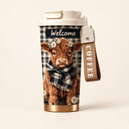 Daisy Highland cow 530 mL travel cup with a white lid, gingham print and COFFEE carry strap.