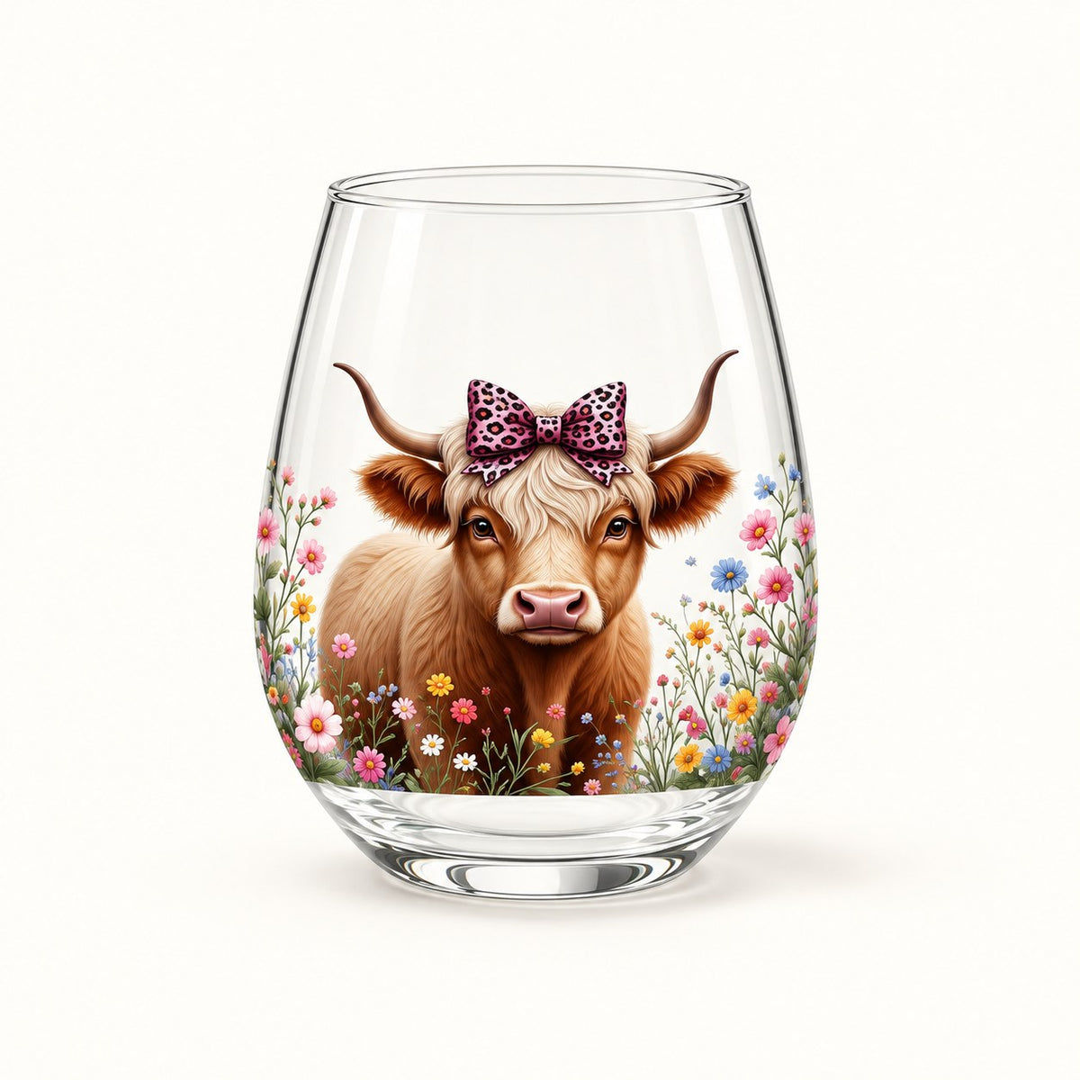 Flower Field Highland cow stemless glass with a pink leopard bow and colourful meadow flowers