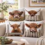 Four Farmyard Highland cow cushion-cover designs styled together on an ivory sofa. Covers sold individually or in selected quantities; inserts and props not included.