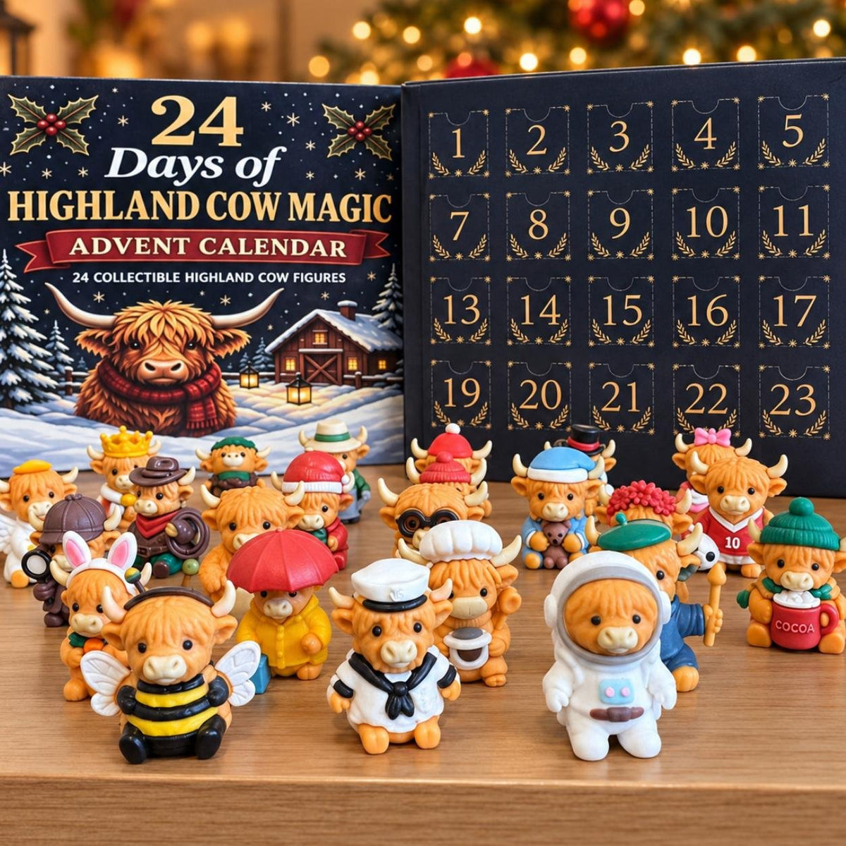 Highland Coo Advent Calendar with its 24 miniature Highland cow figurines and numbered Christmas countdown box.