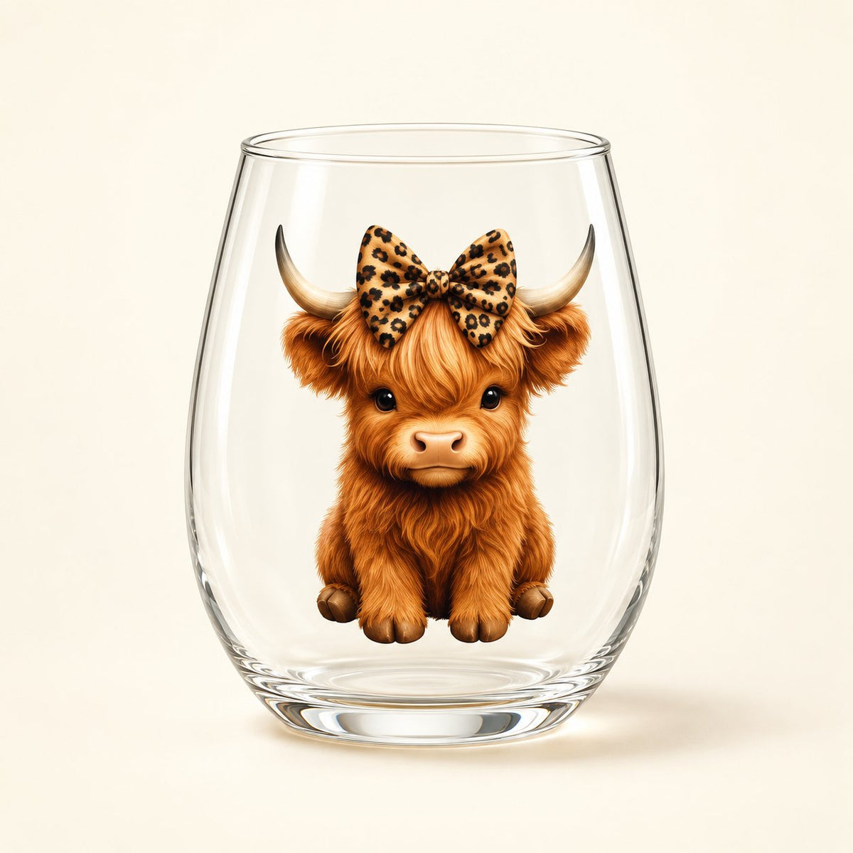 Clear 350 mL stemless glass with a golden Highland calf wearing a leopard-print bow.