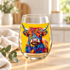 One colourful Highland cow stemless glass with a yellow print panel, styled on pale timber with ivory linen and eucalyptus. Sold individually; props not included.