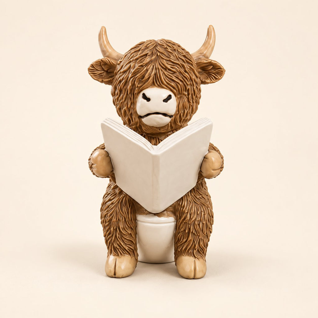 Brown Highland cow figurine seated on a cream toilet holding an open book, on an ivory background.