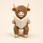 Brown Highland cow figurine seated on a cream toilet holding an open book, on an ivory background.