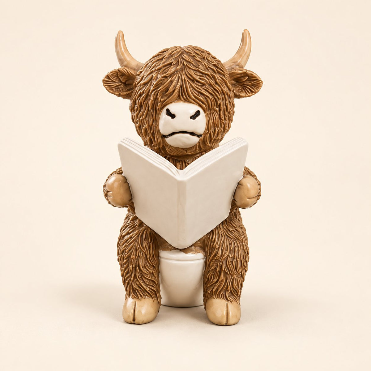 Brown Highland cow figurine seated on a cream toilet holding an open book, on an ivory background.