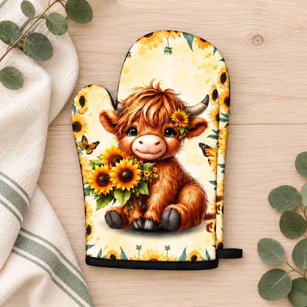 One Sunflower Highland cow oven mitt with black trim on pale timber beside ivory linen and eucalyptus. Sold individually; decorative props not included.