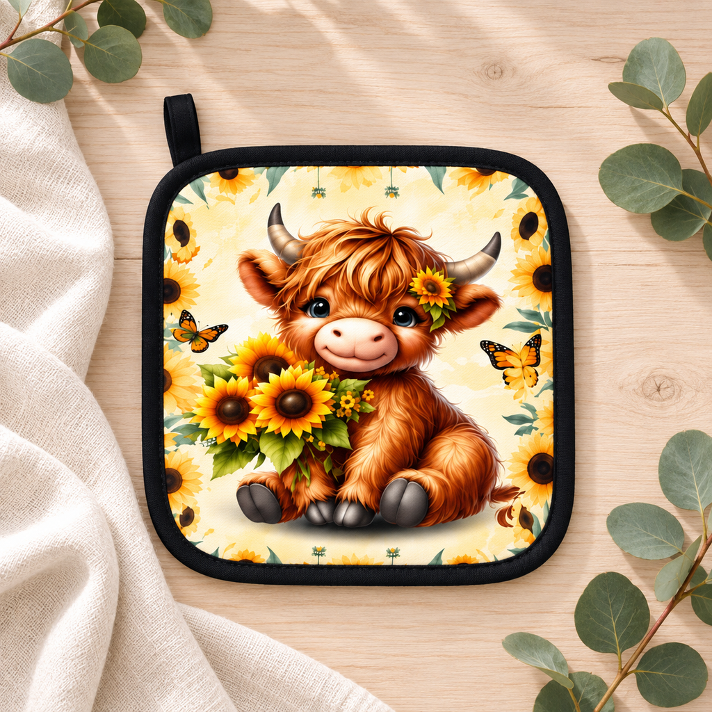 One Sunflower Highland cow pot mat with black edging, styled on pale timber with ivory linen and eucalyptus. Sold individually; props not included.