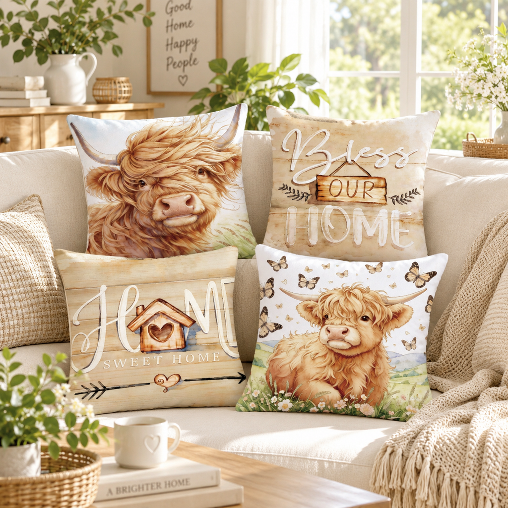 Four watercolour Highland cow and home saying cushion covers styled on a cream sofa. Covers only; inserts and props not included.