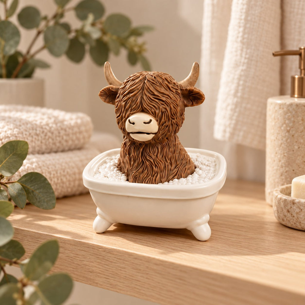 Bathtub Highland cow ornament styled on a bathroom shelf; decorative props are not included.
