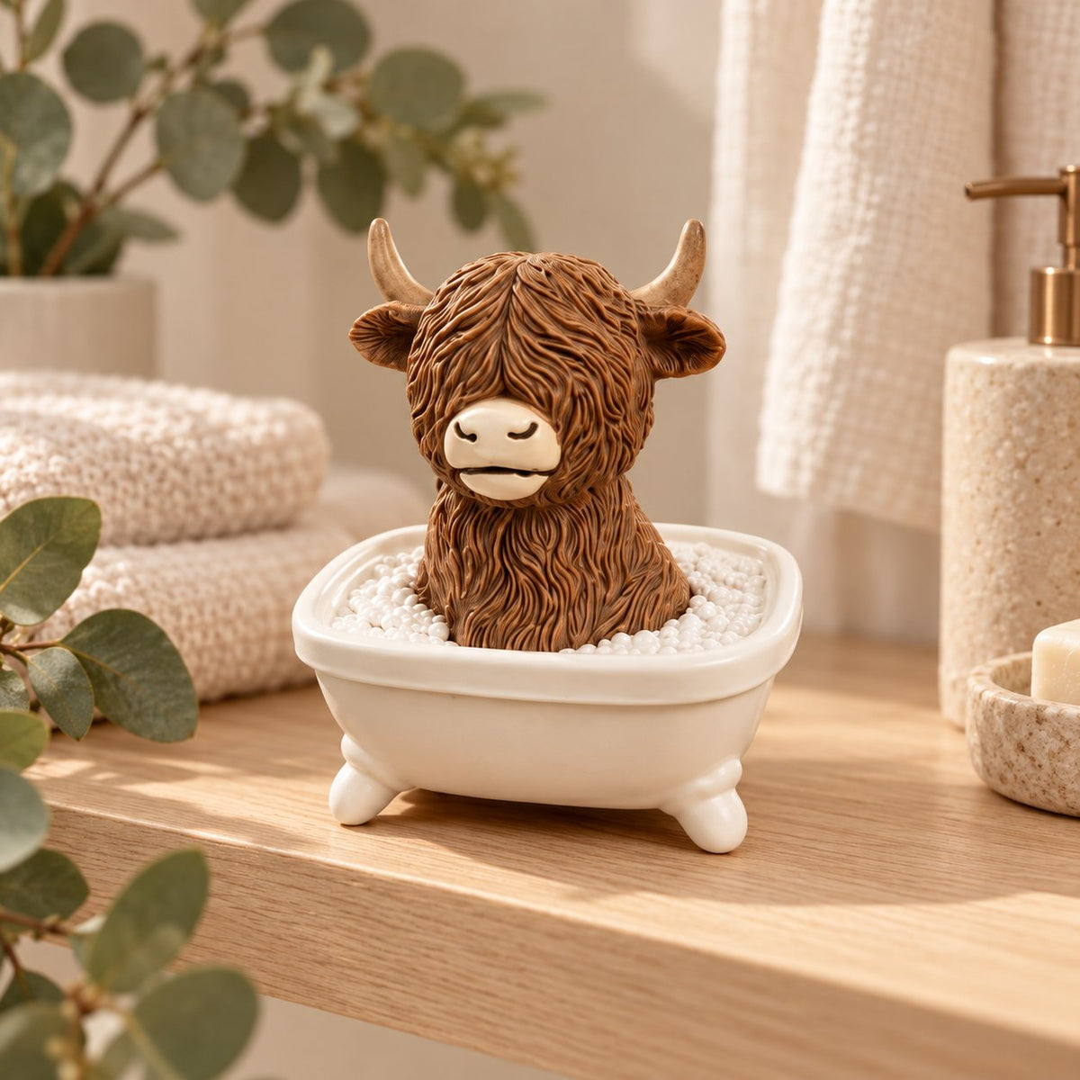 Bathtub Highland cow ornament styled on a bathroom shelf; decorative props are not included.