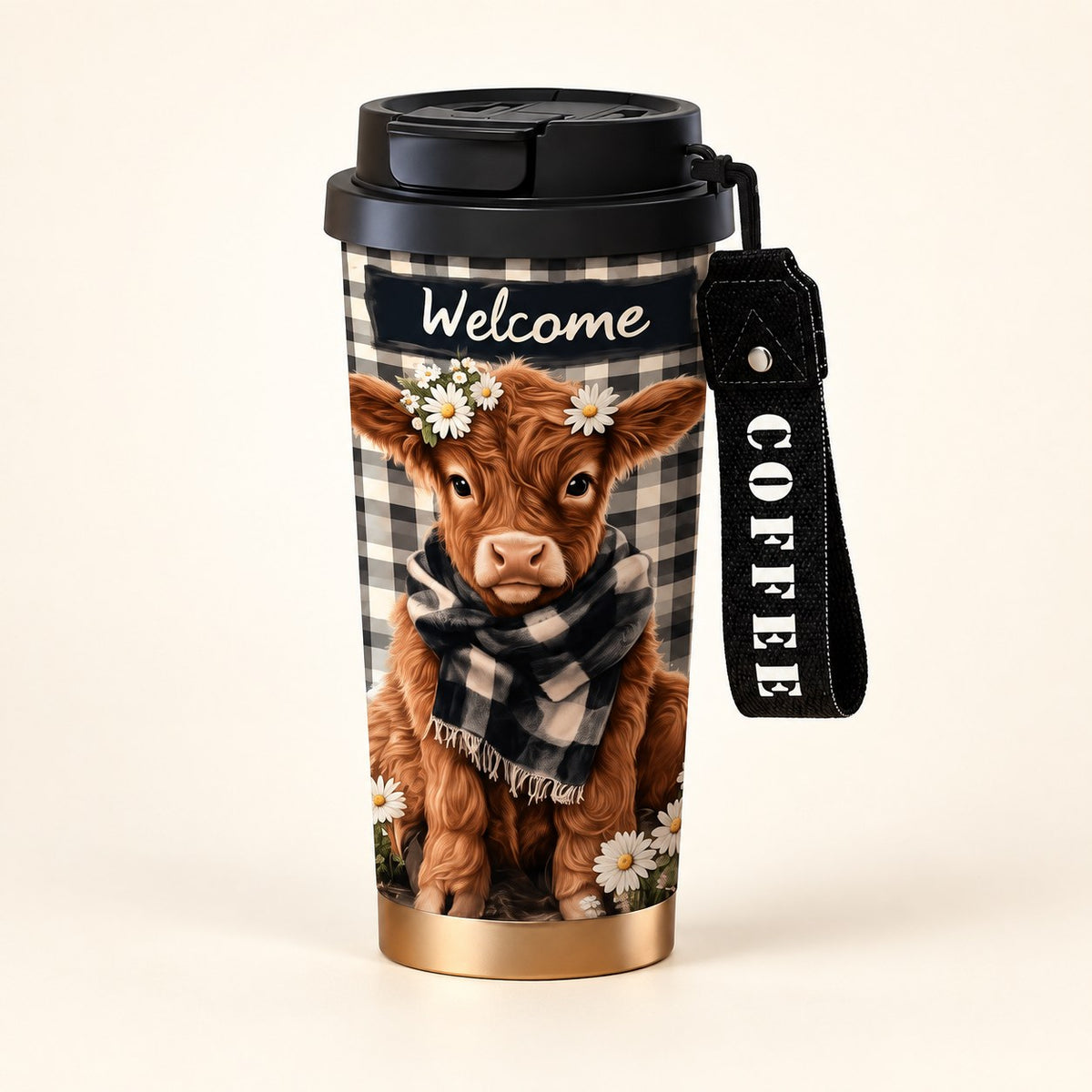 Daisy Highland cow 530 mL travel cup with a black lid and matching carry strap.