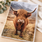 Close-up of the realistic Highland cow artwork printed on one tea towel. Sold individually; decorative props not included.