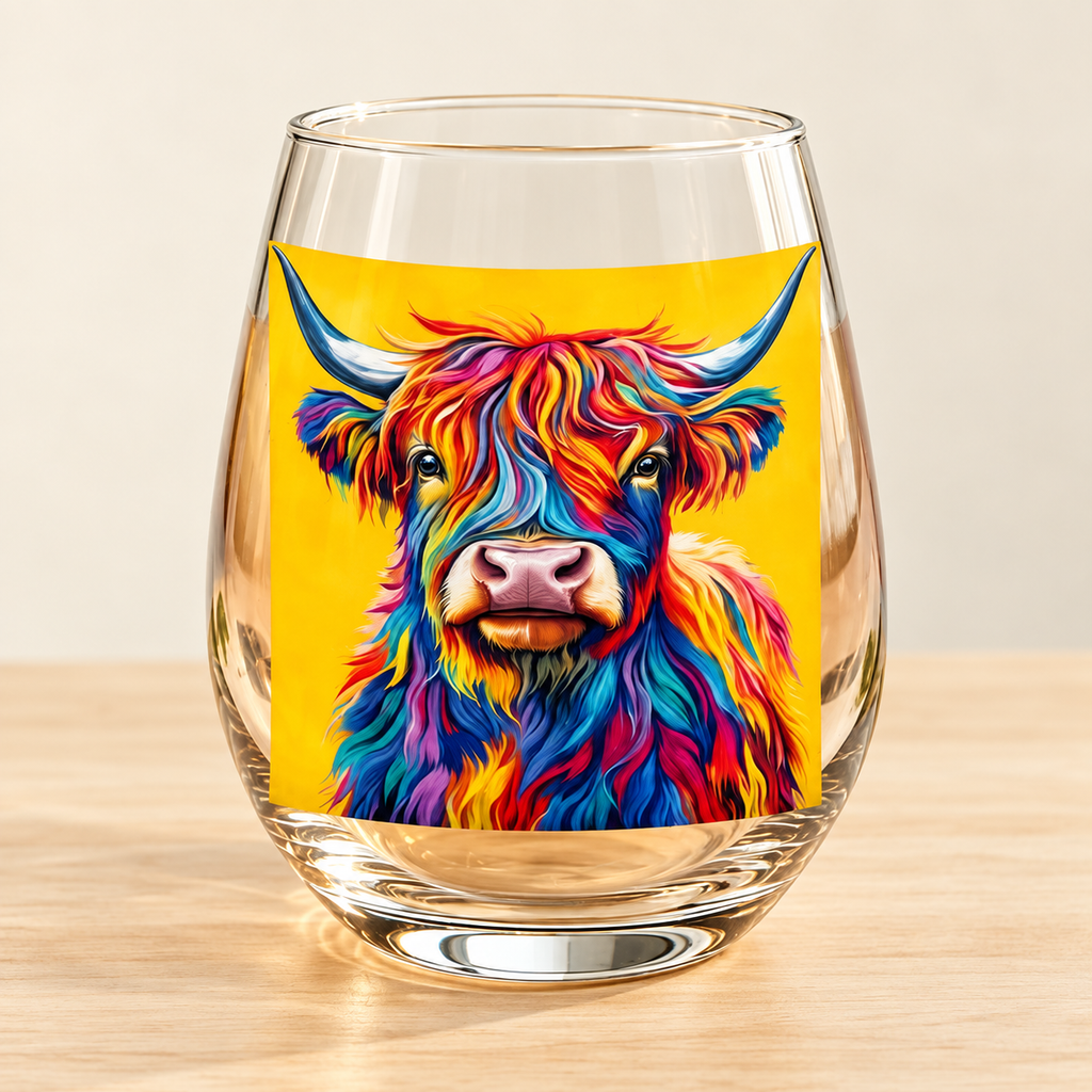 Close-up of the colourful Highland cow artwork on one clear 350 mL stemless glass. Drink and decorative props are not included.