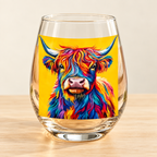 Close-up of the colourful Highland cow artwork on one clear 350 mL stemless glass. Drink and decorative props are not included.