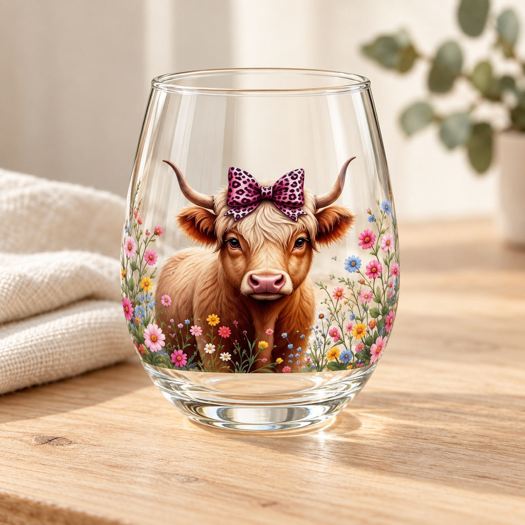 Flower-field Highland cow glass on pale timber with ivory linen and eucalyptus; styling props are not included.