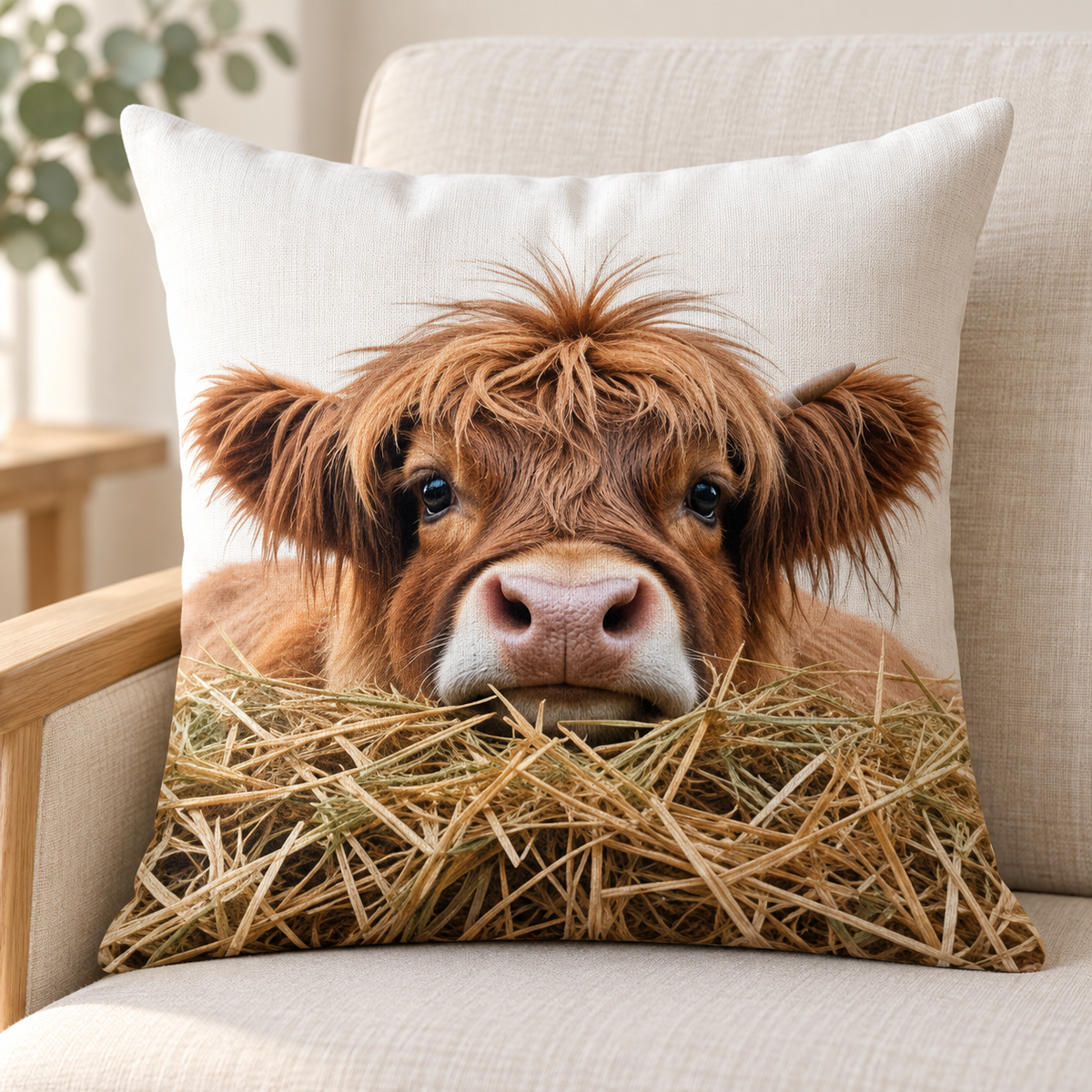 Hay Calf design: a shaggy brown Highland calf resting in golden hay on a 45 × 45 cm cushion cover. Insert not included.