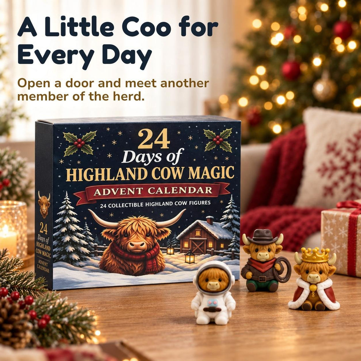 Highland Coo Advent Calendar gift box with astronaut, cowboy and crowned miniature Highland cow figures in a festive setting.