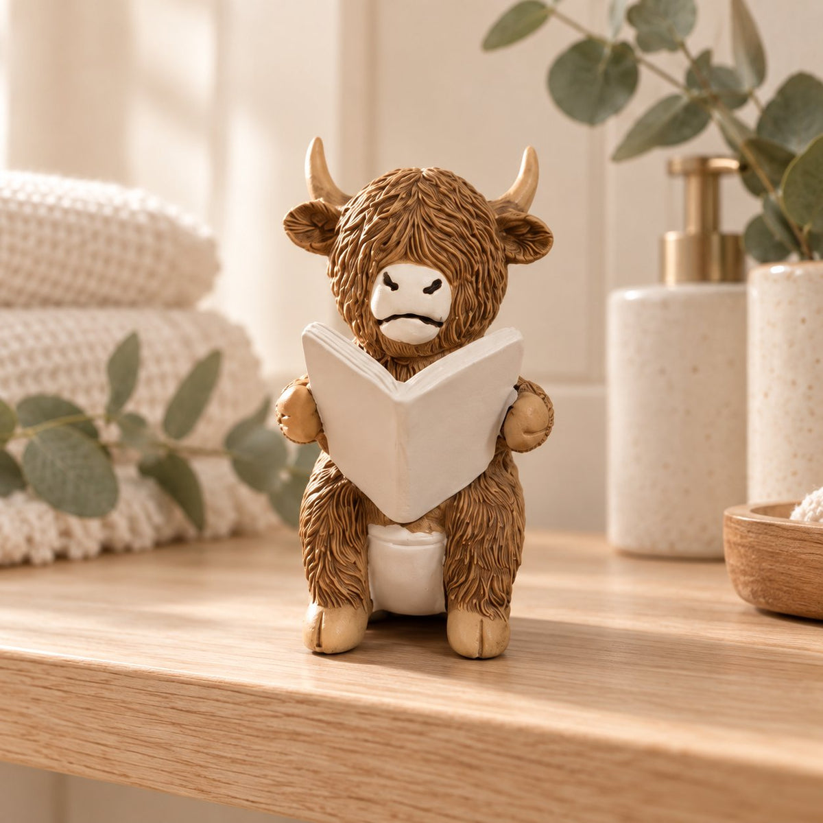 Reading Highland cow toilet figurine styled on a bathroom shelf; decorative props are not included.