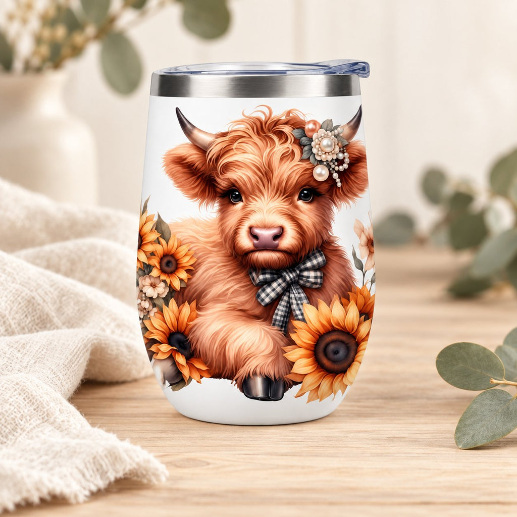 Sunflower Highland cow tumbler styled on pale timber with ivory linen and greenery; props are not included.