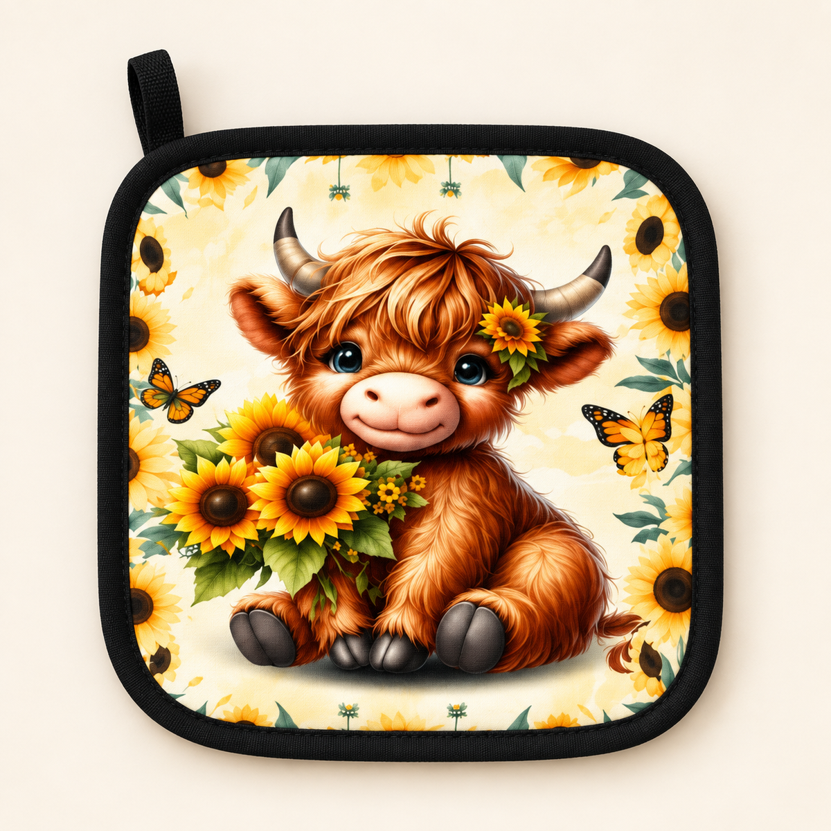 Front detail of one Sunflower Highland cow pot mat, showing calf and sunflower artwork, black binding and hanging loop.