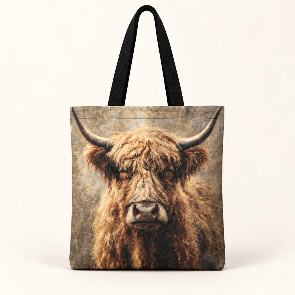 Front view of one vintage Highland cow tote bag with black handles and country artwork. Sold individually.