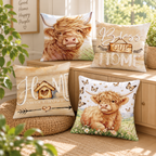 Four coordinating Highland cow and country home cushion cover designs arranged beside a sunny window. Covers only.