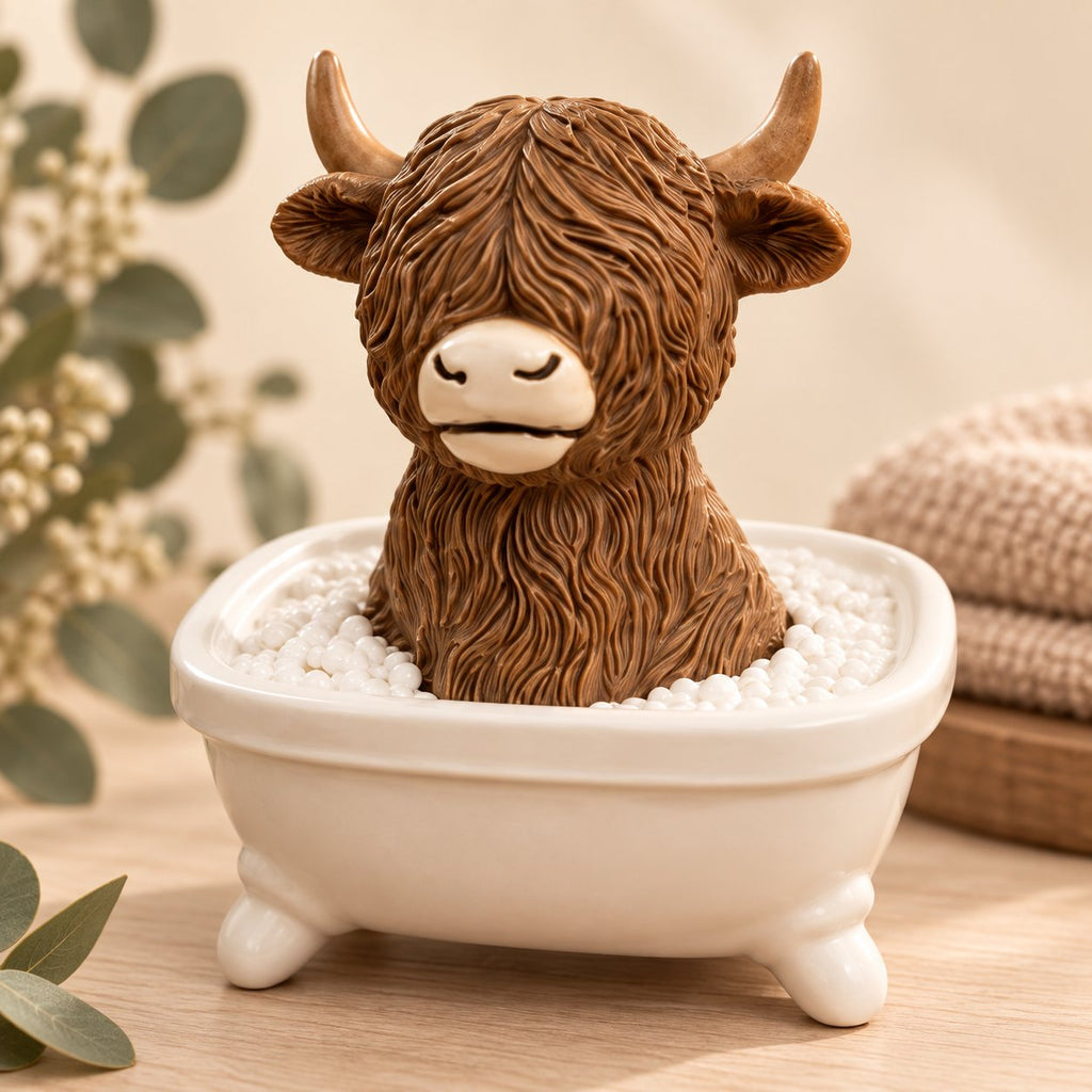 Close-up of the bathtub Highland cow figurine showing textured brown fur, cream horns and sculpted bubbles.