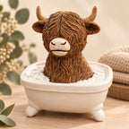 Close-up of the bathtub Highland cow figurine showing textured brown fur, cream horns and sculpted bubbles.