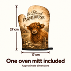 Single Blessed Farmhouse Highland cow oven mitt size guide: approximately 27 cm long by 17 cm wide. One oven mitt included.