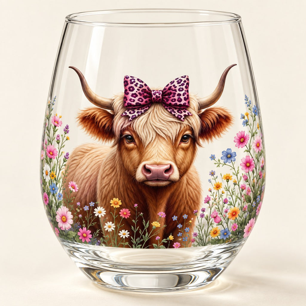 Close-up of the Highland cow, pink spotted bow and colourful flower print on the clear stemless glass.