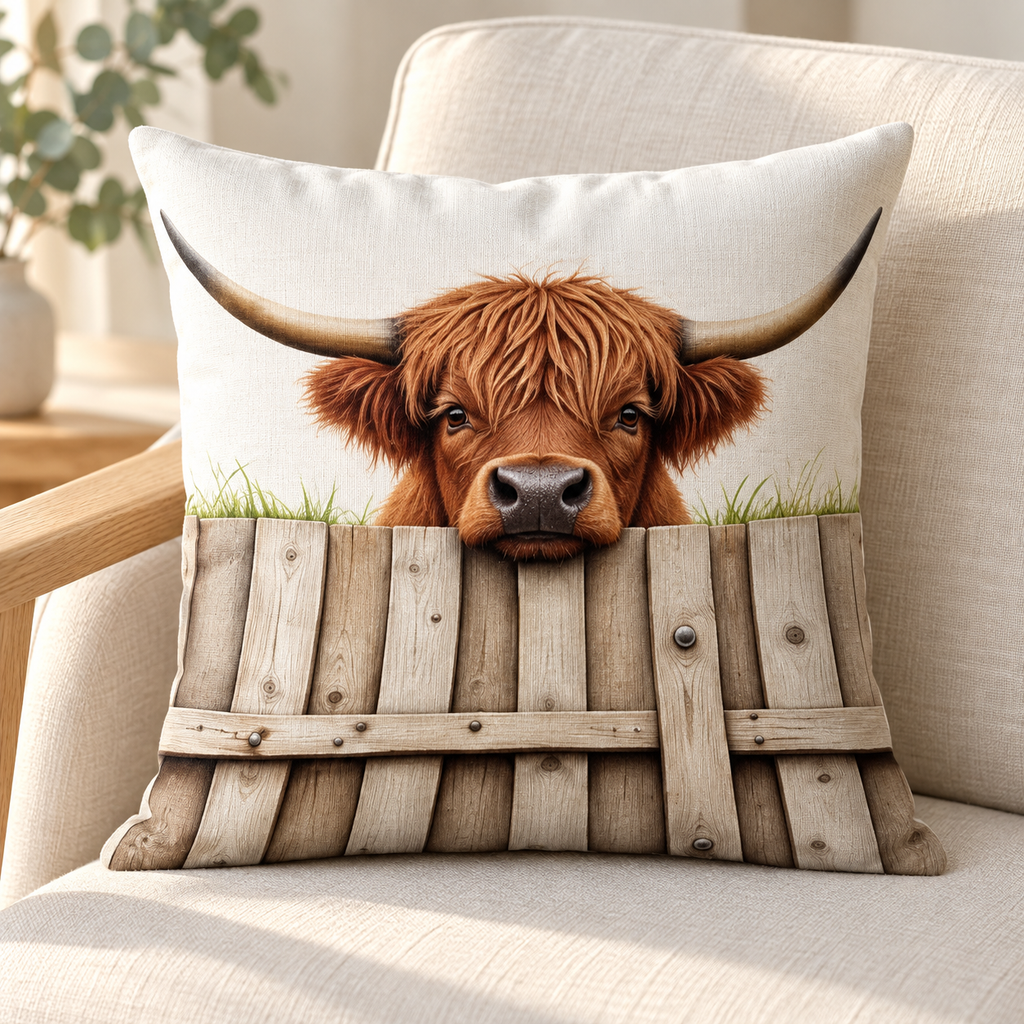 Gate Cow design: a Highland cow peeking over a pale timber gate on a 45 × 45 cm cushion cover. Insert not included.
