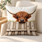 Gate Cow design: a Highland cow peeking over a pale timber gate on a 45 × 45 cm cushion cover. Insert not included.