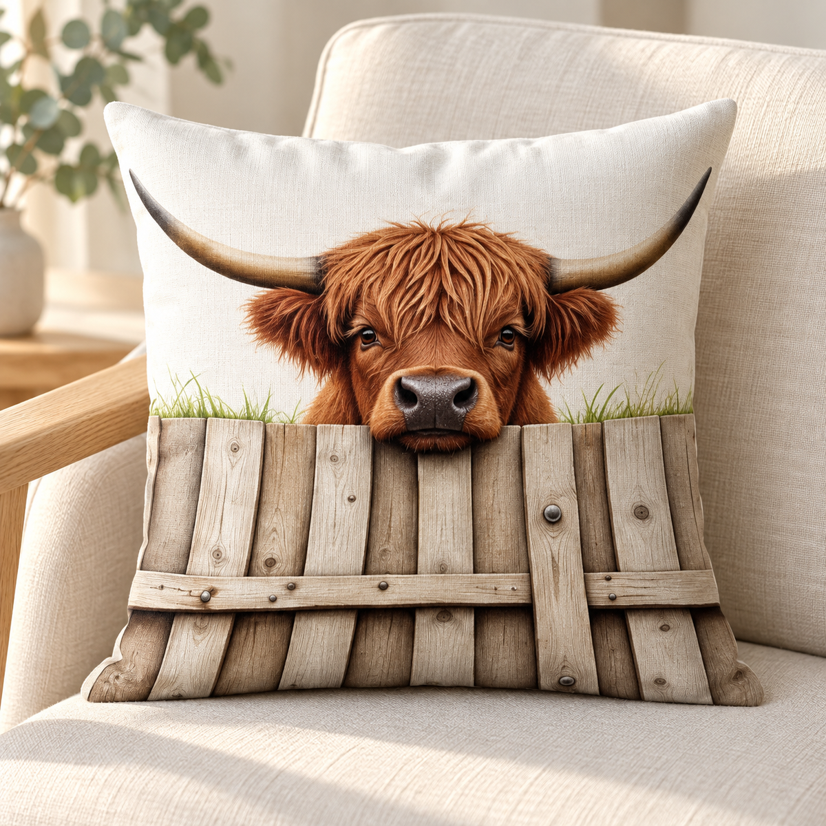 Gate Cow design: a Highland cow peeking over a pale timber gate on a 45 × 45 cm cushion cover. Insert not included.