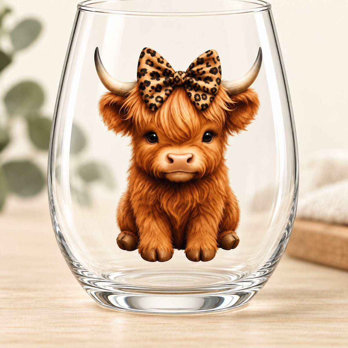 Close-up of the Highland calf and leopard-bow print on the clear stemless glass.