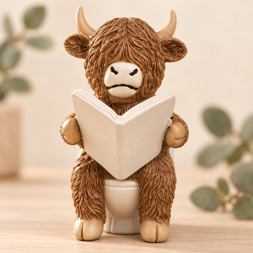 Close-up of the reading Highland cow ornament showing shaggy brown fur, cream horns and an open book.