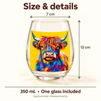 Colourful Highland cow stemless glass size guide: approximately 12 cm high with a 7 cm rim, 350 mL capacity. One glass included.
