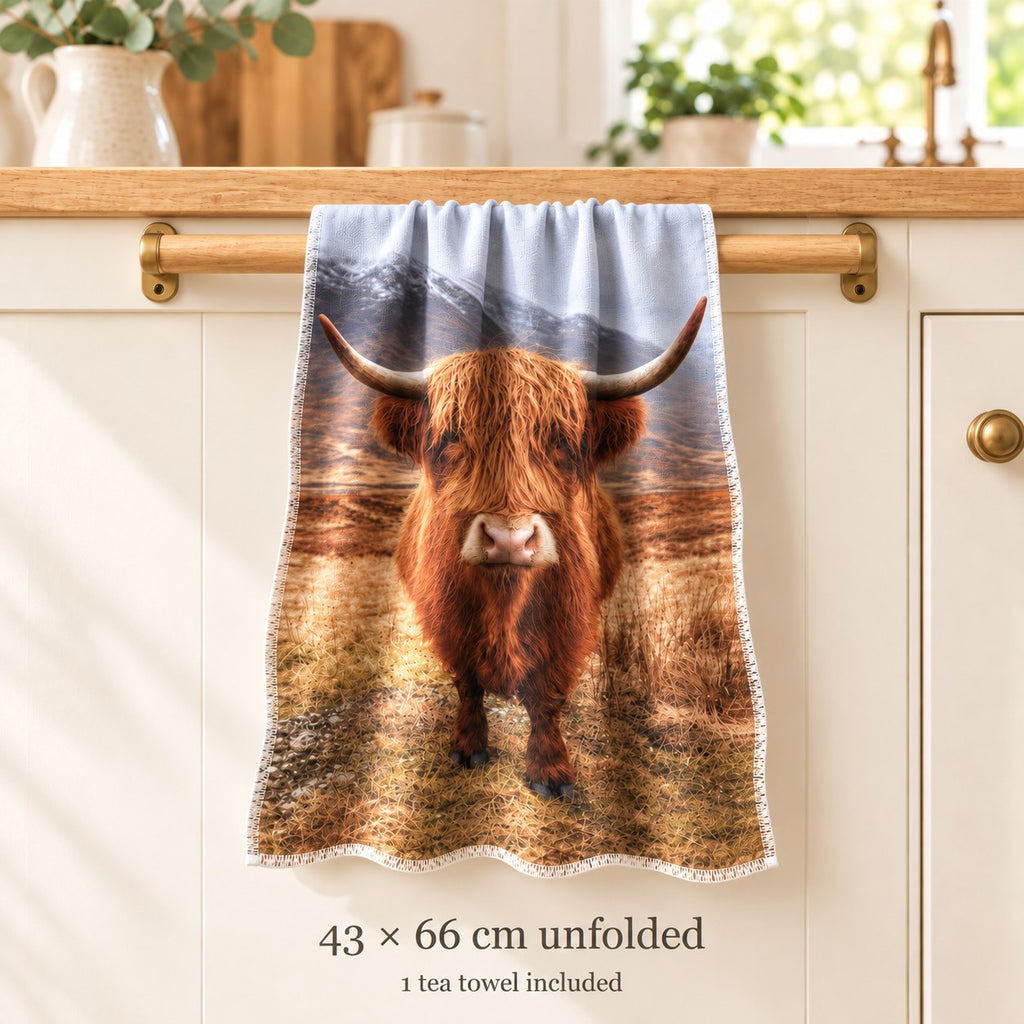 Realistic Highland cow tea-towel size guide showing one towel approximately 43 × 66 cm. Sold individually.
