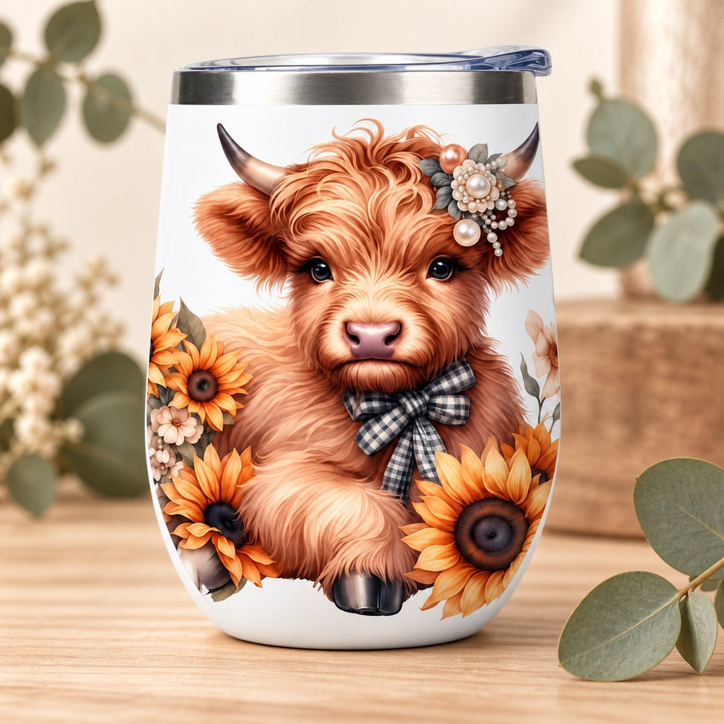 Close-up of the Highland calf, gingham bow, pearl-style floral headpiece and sunflower artwork on the tumbler.