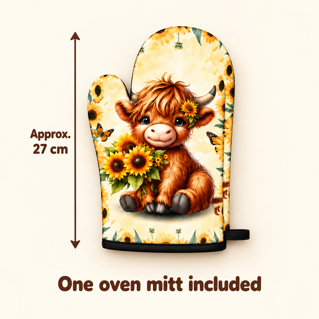 Sunflower Highland cow oven mitt size guide: approximately 27 cm long. One oven mitt included, sold individually.