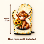 Sunflower Highland cow oven mitt size guide: approximately 27 cm long. One oven mitt included, sold individually.