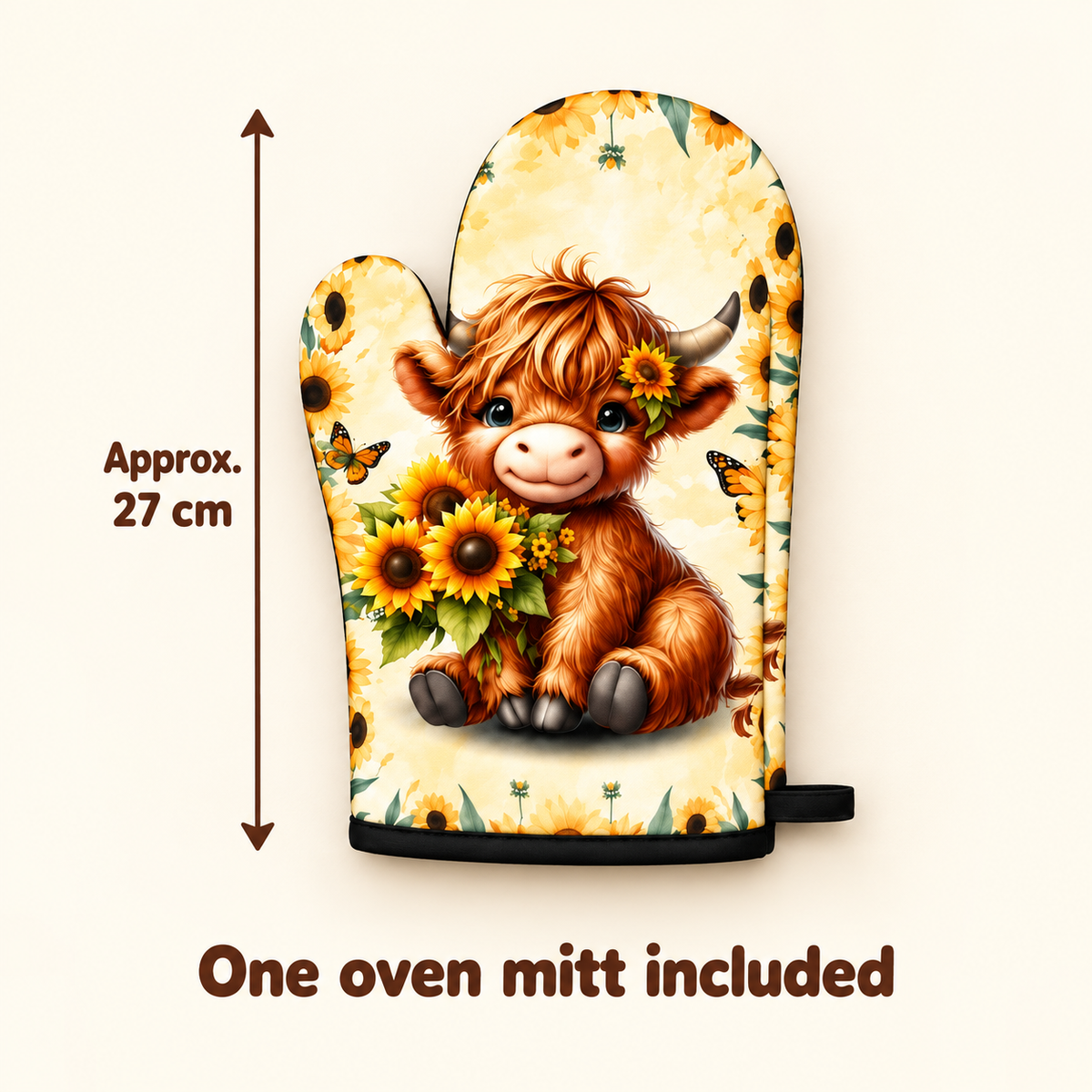 Sunflower Highland cow oven mitt size guide: approximately 27 cm long. One oven mitt included, sold individually.