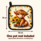 Sunflower Highland cow pot-mat size guide showing one square mat approximately 18 × 18 cm, excluding the hanging loop. Sold individually.
