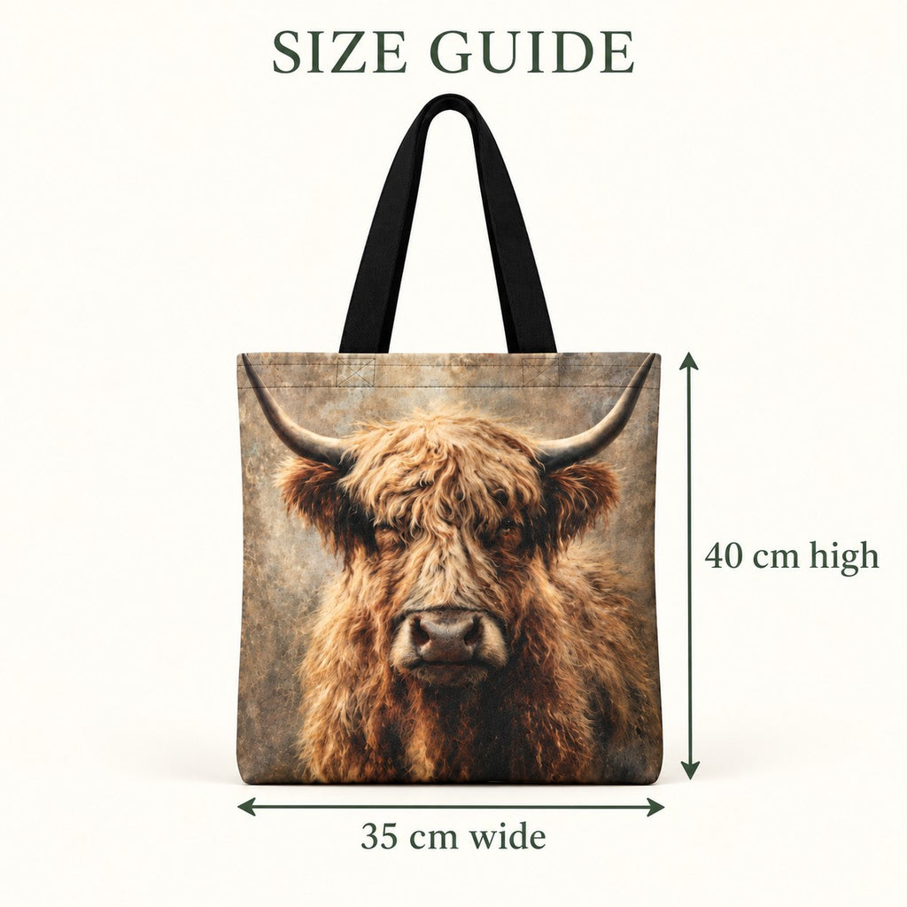 Vintage Highland cow tote-bag size guide showing approximately 35 × 40 cm, excluding handles. One tote bag included.