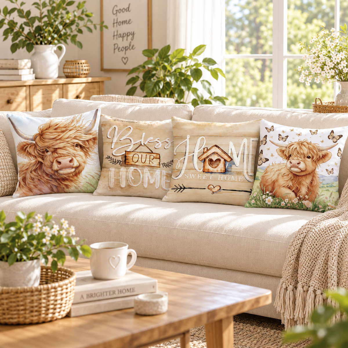 Highland Cow Portrait, Bless Our Home, Home Sweet Home and Calf & Butterflies cushion covers displayed in a row on a sofa.
